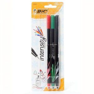 Bic Intensity Fineliner Pens Red Green Black Ink 0.4mm NEW Christmas, 3-Count